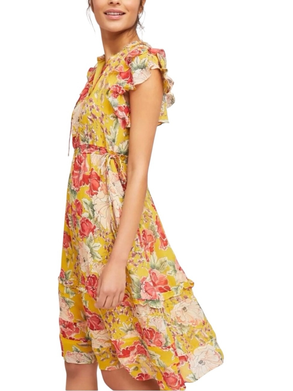 Anthropologie Dolan 100% Silk Ellory Mustard Yellow Floral Ruffle Midi Dress XL